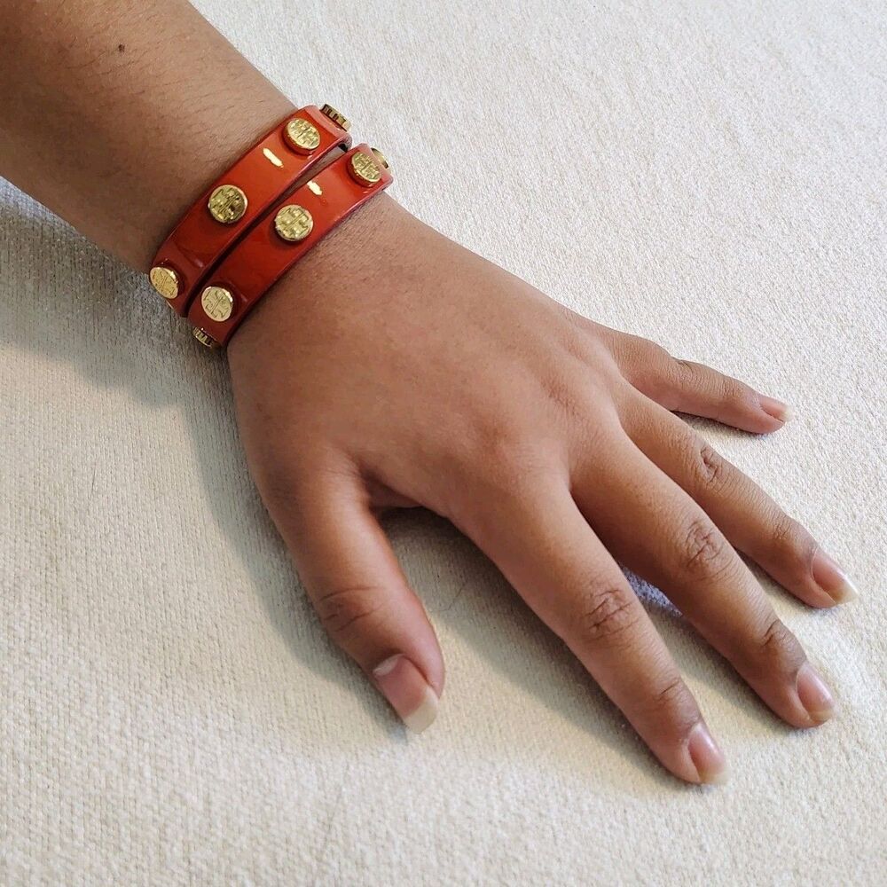 Tory Burch Orange Double Wrap Leather Gold Tone Brass Logo Stud Bracelet - Picture 2 of 6